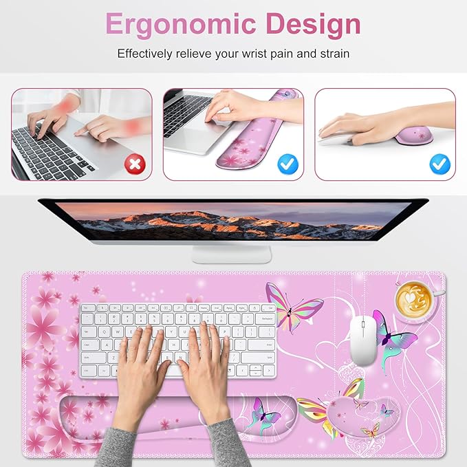 Pink Butterfly Desk Mat Florals 4 in1 Large Gaming Mouse Pad Set Ergonomics Keyboard Pad with Memory Foam Wrist Rest Extended Game Mousepad Non-Slip Desk Protector Matt Easy Typing Pain Relief