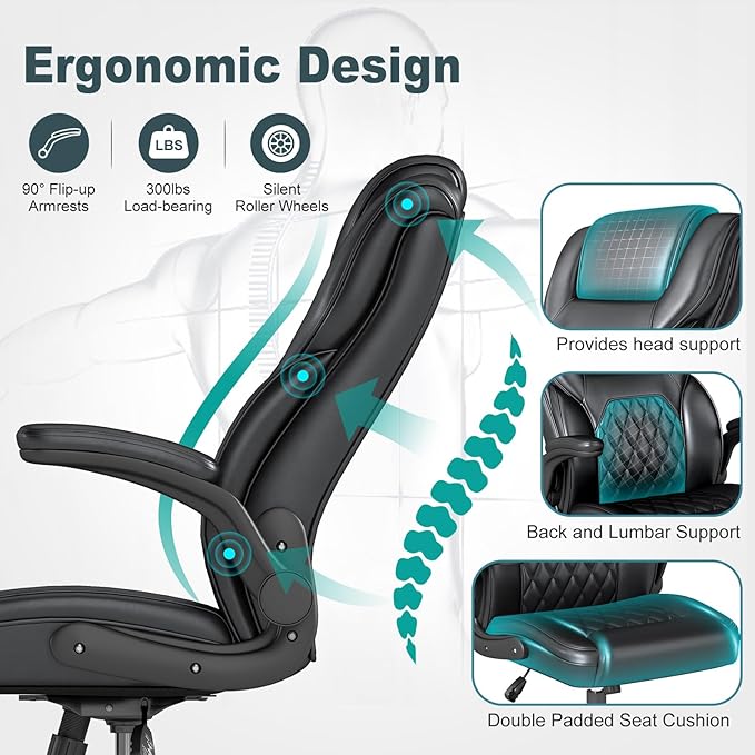 AnyGod Executive Office Chair Comfy Ergonomic Computer Desk Chairs with Flip-up Armrests Lumbar Support High Back 360° Swivel and Rocking Function for Home Office