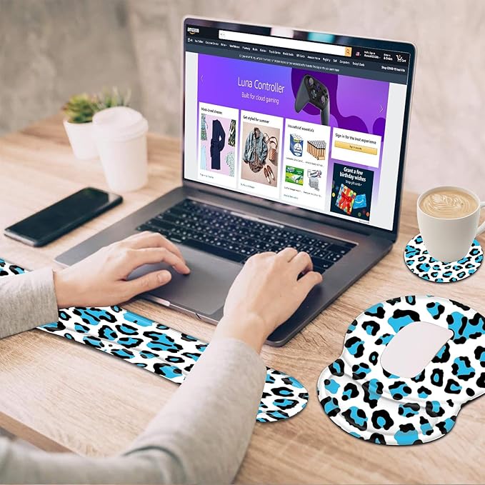 Bxgolkgd Ergonomic Gel Mouse Wrist Rest Pad and Keyboard Pad SetAnti-Slip PU Bottom Easy Typing and Relieve Wrist Pain with Cute Coaster Set (3-Blue Leopard Print)