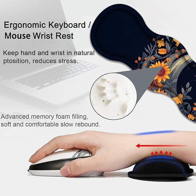 Large Gaming Mouse Pad Keyboard Wrist Rest Pad + Mouse Wrist Pad + Coaster 4 in 1 Set Extended Waterproof Non-Slip Desk Mat Suitable for Office Home Learning Games Sunflower Moon