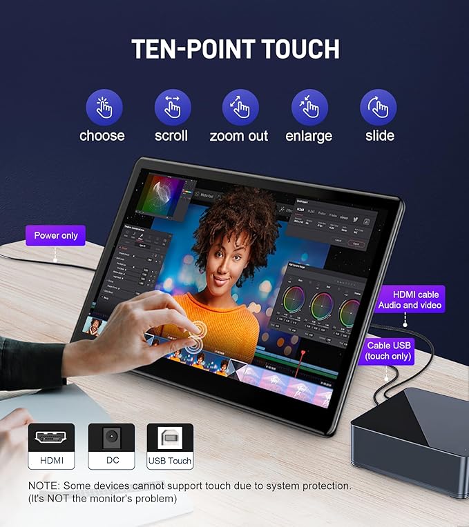 15.6 inch Portable Touchscreen Monitor with HDMI VGA DVI Ports Screen Extender FHD 1920×1080 IPS Small Touch Screen Display Compatible with Laptops PC PS5/4 Industrial (with Remote)