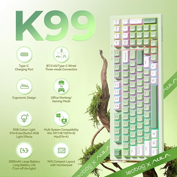 LEOBOG x Aula Gaming Keyboard Wireless Creamy Keyboard Bluetooth Computer Keyboards Ergonomic Typewriter Full Size with Number Pad Light Up RGB Backlit Tri-Mode BT/2.4GHz/USB-C - K99 Green