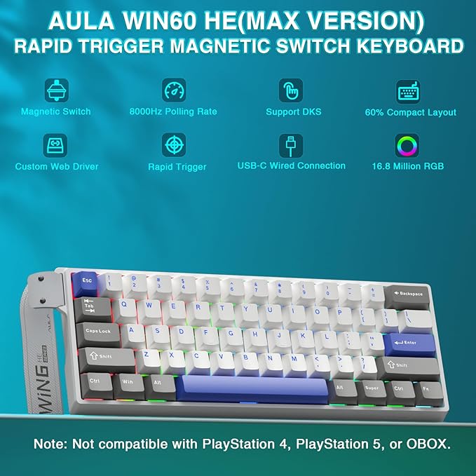 AULA WIN60 HE MAX - 60% Mechanical Gaming Keyboard Wired Hall Effect Magnetic Switches Hot Swappable Adjustable Actuation Rapid Trigger Mode 8000 Hz Polling Rate 60 Percent Keyboard Compact Design