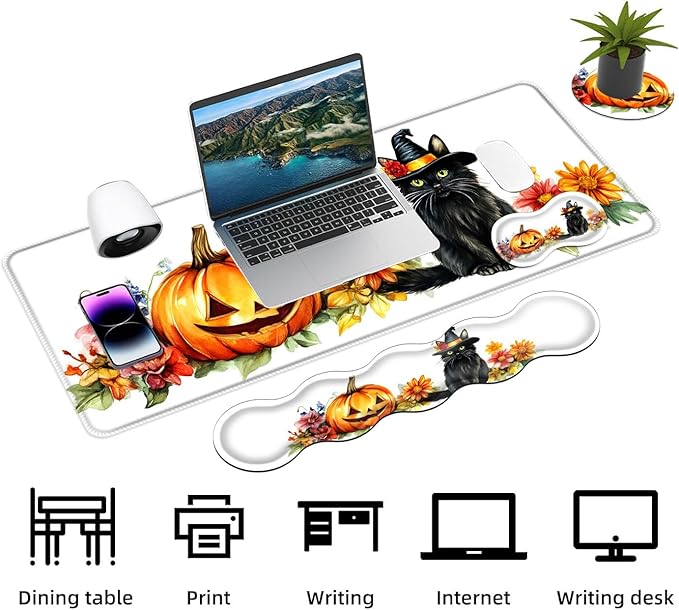 Keyboard Mouse Pad Set Extended Gaming Mouse Pad+Ergonomics Keyboard Wrist Rest Support Memory Foam Easy Typing Pain Relief 4Pcs XL Ultra Thick Desk MatHalloween Pumpkin Black Cat