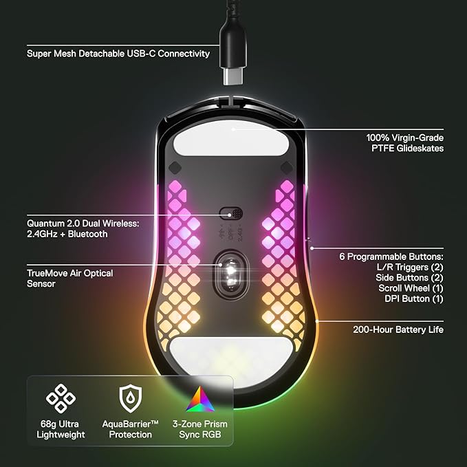 SteelSeries Aerox 3 Wireless - Holey RGB Gaming Mouse - Ultra-lightweight Water Resistant Design - 18K DPI TrueMove Air Optical Sensor- Onyx