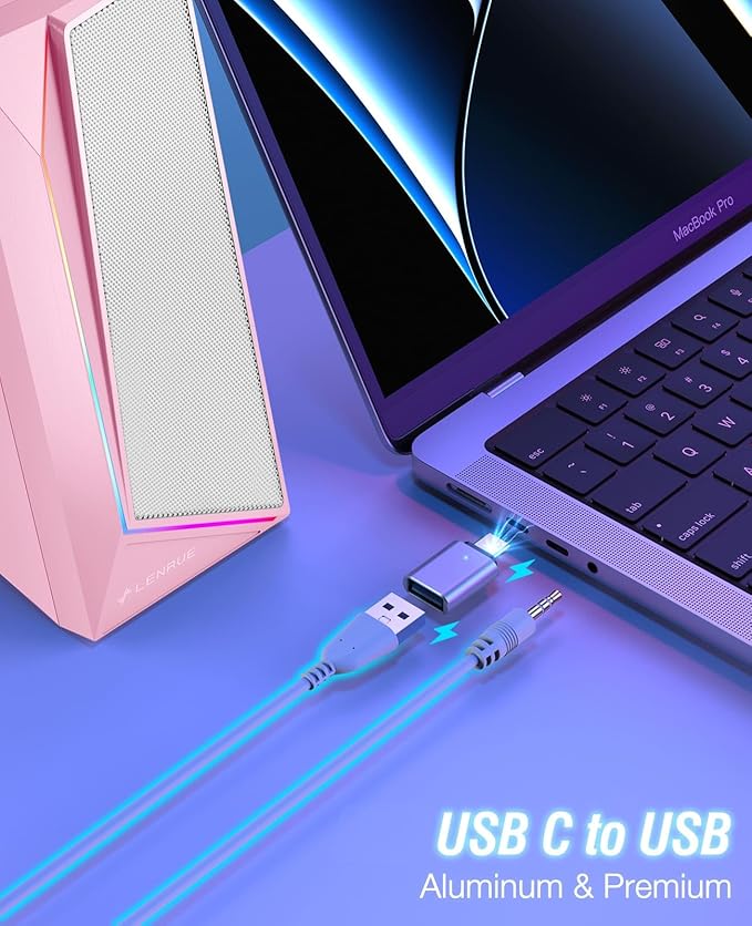 LENRUE Computer Speakers USB/USB-C Powered PC Speakers with Loud Stereo Sound Headphone-in for Desktop Laptop Monitor (USB-C to USB Adapter Included) (Pink)