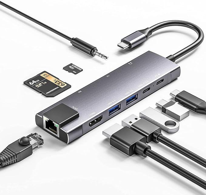 USB C Hub 9 in 1 Multiport Adapter w/Gigabit Ethernet100W PD4K@60Hz2 USB 3.0USB C 3.0 DataSD/TF Card Reader3.5mm JackDongle Docking Station for MacBook iPad Pro iPhone 15 Steam Deck/Rog Ally