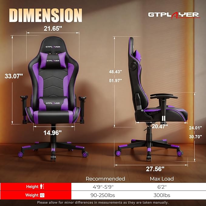 GTPLAYER Gaming Chair with SpeakersVideo Game Chair Bluetooth Music with Lumbar Support Ergonomic Comfortable Office Computer Chair for Adults Adjustable Reclining Chair 360° Swivel Light Purple