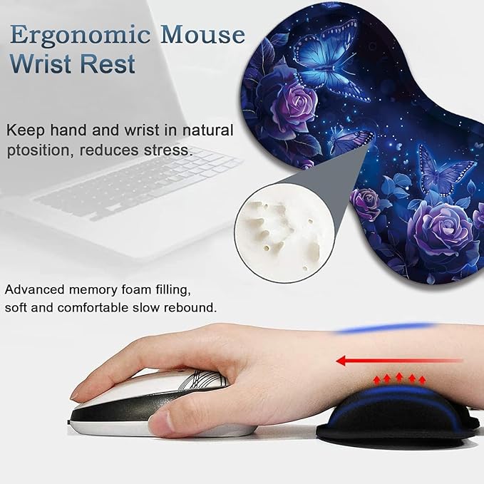 Large Gaming Mouse Pad + Wrist Rest + Lace Coaster Non-Slip Set with Sewn Edges and Waterproof Expandable Desktop Pad Suitable for Office/Home Purple Roses and Butterflies