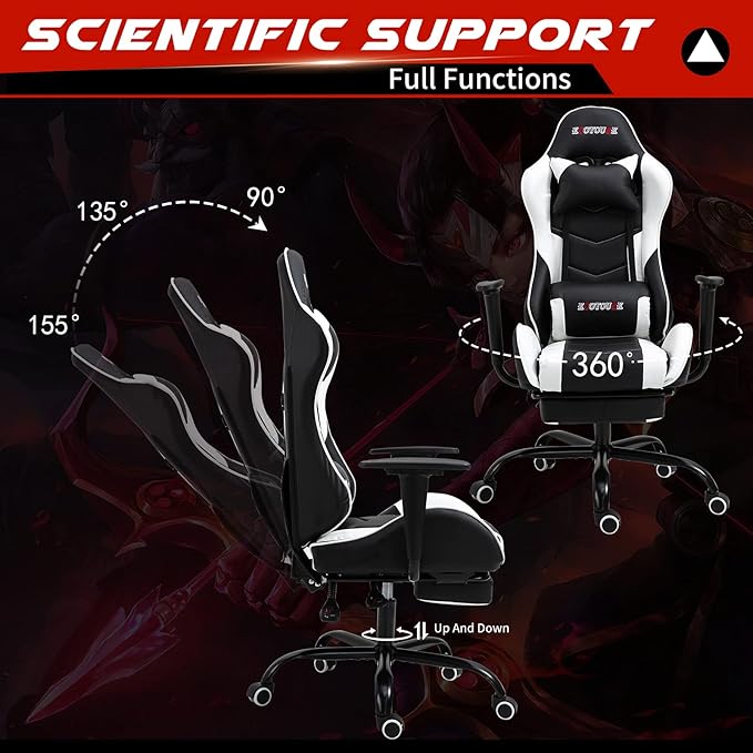 Massage Gaming Chair w/Footrest Video Racing Chair PC High Back Desk Computer Chair PU Leather Recliner w/Headrest and Lumbar Pillow White