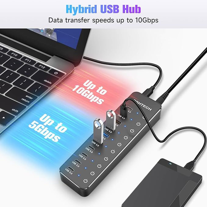 RSHTECH 10 Ports Powered USB 3.2/USB C Hub Splitter 60W with 3 x 10Gbps USB 3.2 Ports (2C + 1A)7 x USB 3.0 Ports (4C + 3A) 3.3ft Cable and Individual Touch Switches for Laptop PC