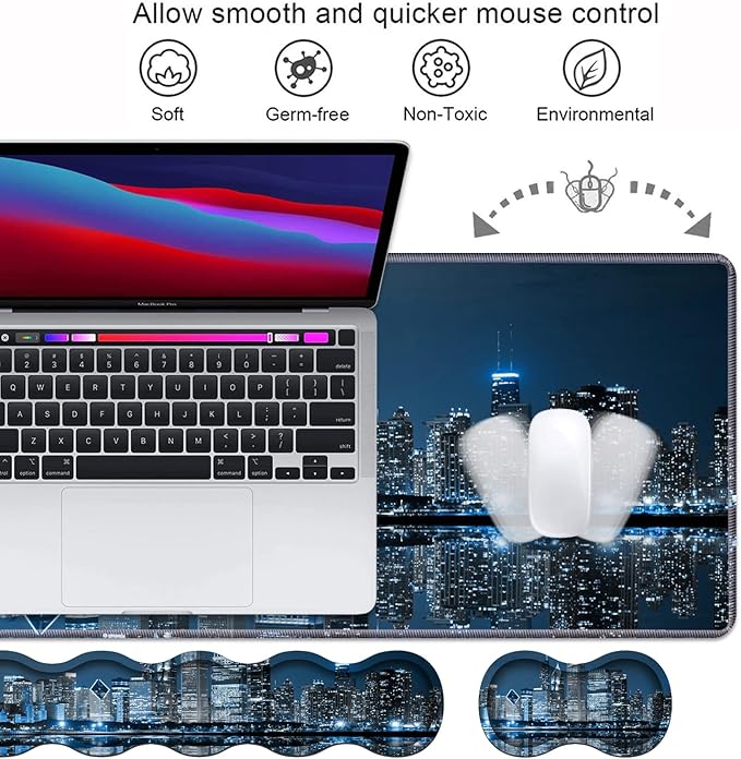 Ergonomic Keyboard Wrist Rest &amp Mouse Pad Wrist Rest Set Large XXL Gaming Desk Mat 31.5x 11.8 Non-Slip Base Memory Foam Easy Typing Pain Relief for Office &amp Home Chicago Skyline Night V