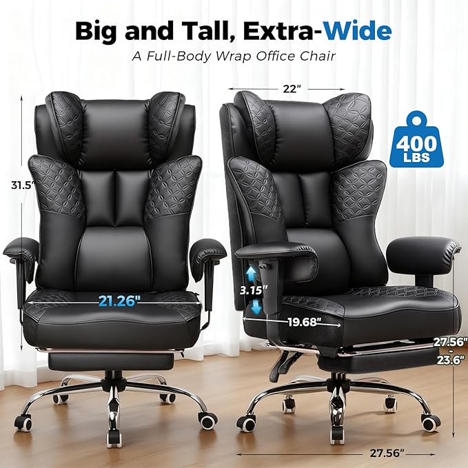 GTPLAYER Big and Tall Office Chair 400LBS Wide Ergonomic Gaming Chair with Deluxe Embossing Designed Leather with Foot Rest150°Reclining Adjustable Soft Armrests Pocket Spring Back Support and Pillow