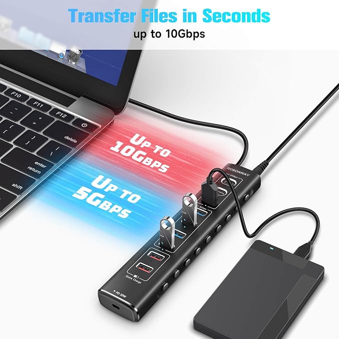 Rosonway 10-Port Powered USB 3.2/USB C Hub 60W with 3x10Gbps USB-3.2 Ports (2C + 1A) 4 USB 3.0 Data Ports 1 USB-C PD and 2 USB-A Fast Charging Ports Aluminum USB Splitter for Laptop/PC RSH-A10QPD