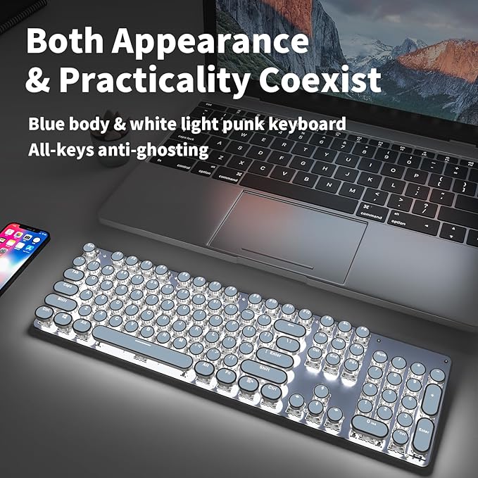 EWEADN TK950 Typewriter Keyboard Wireless Mechanical Keyboard 104 Keys Aesthetic Typewriter Keyboards with White Backlit Anti-Ghosting Blue Switch Bluetooth/2.4GHz/Wired Keyboards-Blue