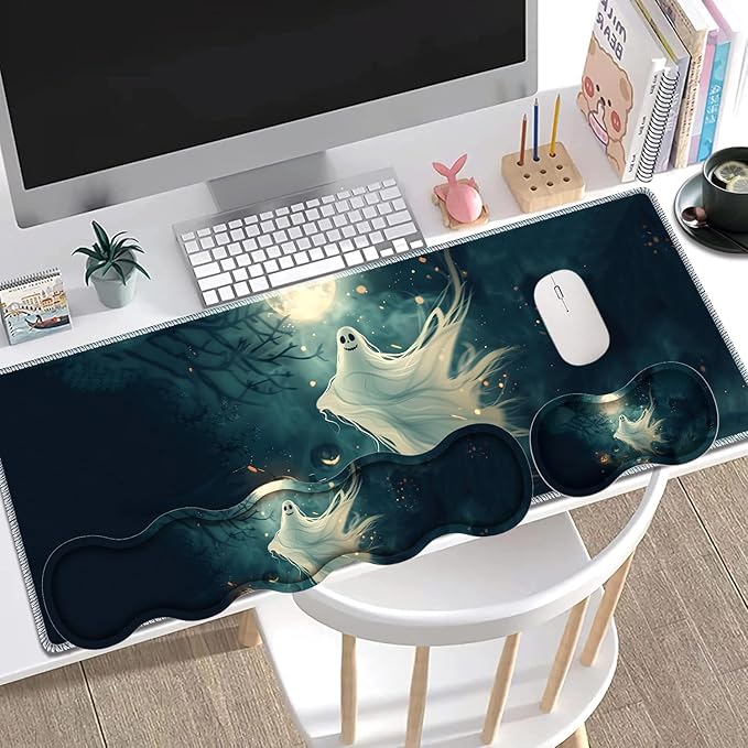 Large Gaming Mouse Pad + Keyboard Wrist Rest + Wrist Support + Coaster Set Memory Foam Ergonomic for Easy Typing XXL Extended Gaming Mouse Pad Table Pad - Halloween Ghost