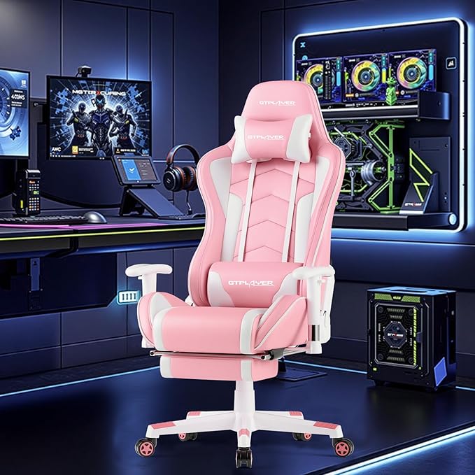 GTPLAYER Gaming ChairGamer Chair with Bluetooth and Adjustable BackrestSeat Height Adjustable Computer Chairs with 3D ArmrestsVideo Game Chair with Footrest Speakers (Pink)