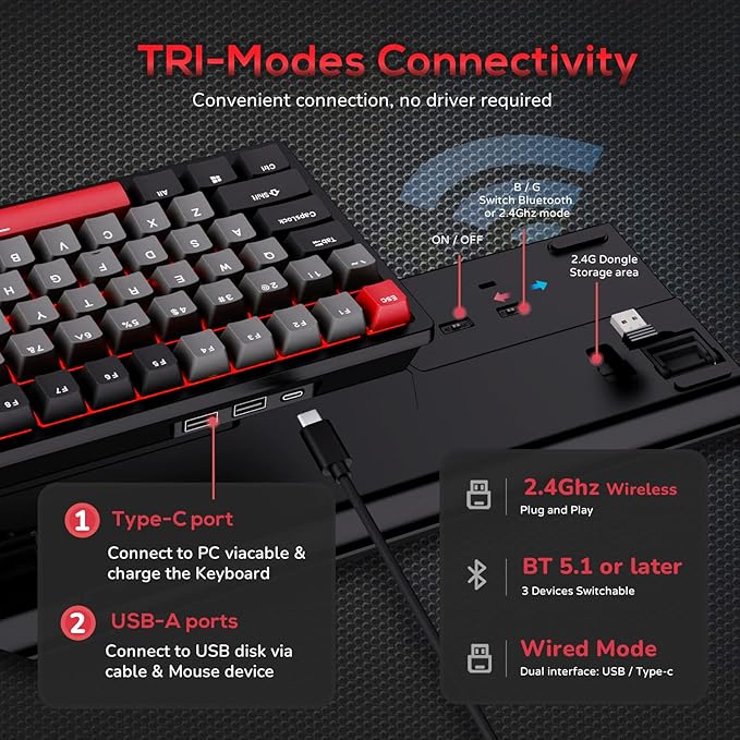 RK ROYAL KLUDGE RK98 Gaming Keyboard Wireless Mechanical Keyboard 100 Keys Tri-Mode BT5.1/2.4G/USB-C Full Size Hot Swappable Custom Keyboard with Numpad RGB Backlit Massive Battery Silver Switch