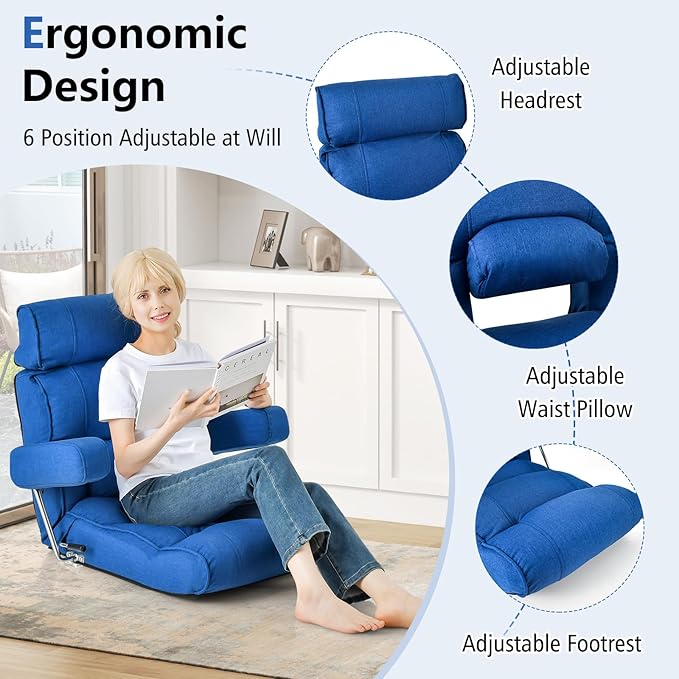 Giantex Adjustable Folding Sofa Chair - Lazy Floor Chair with Infinitely Adjustable Backrest Extendable Armrest &amp Seat Couch Recliner for Meditation Reading Gaming Floor Chairs for Adults (Blu