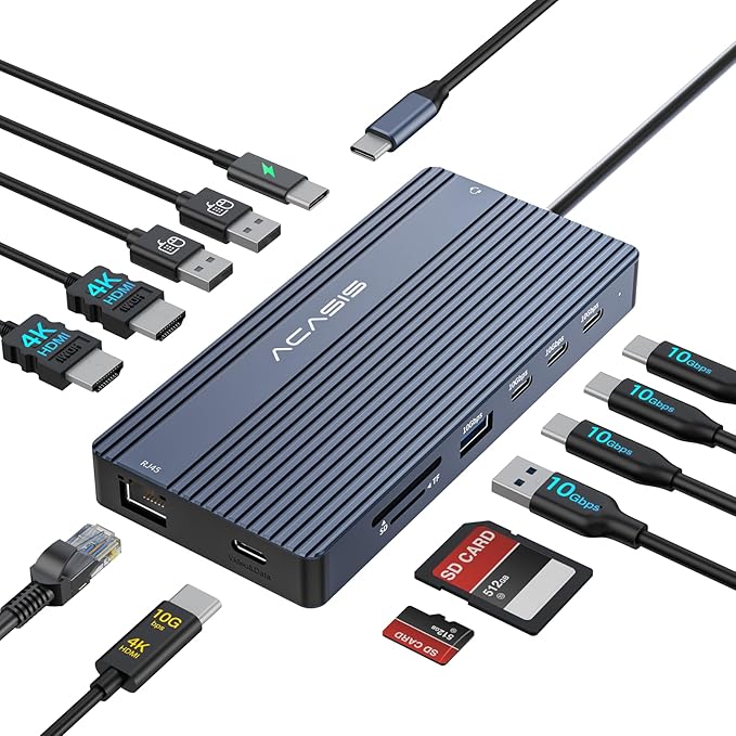 ACASIS USB C Hub with 4K Video Output USBC Splitter with 2*HDMI+4 * 10Gbps Data Transfer+Ethernet+SD/TF+Audio+PD100W Docking Station Dual Monitor for Laptop Portable Monitor and More Type C Devices