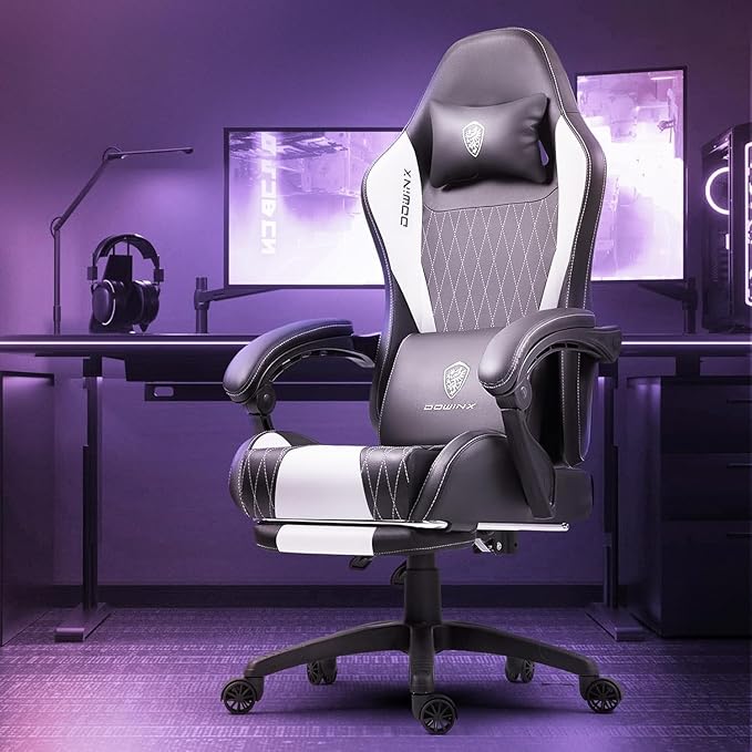 Dowinx Gaming Chair with Massage Lumbar Support and Footrest Video Game Chair for Adults Adjustable Ergonomic Gamer Chairs High Back with Pocket Spring Cushion Swivel Recliner with Headrest White