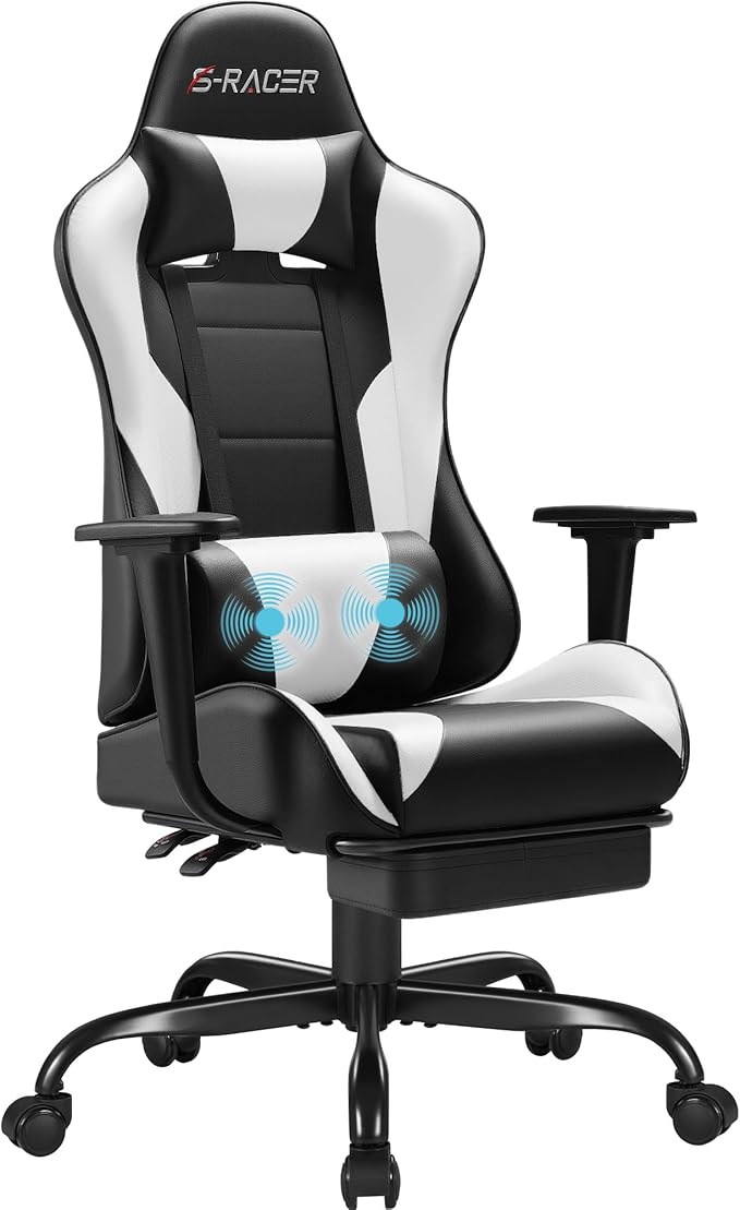 Homall Gaming Chairs Computer Chair with Footrest and Massage Lumbar Support Height Adjustable Game Chair with Headrest and Swivel Seat (White)