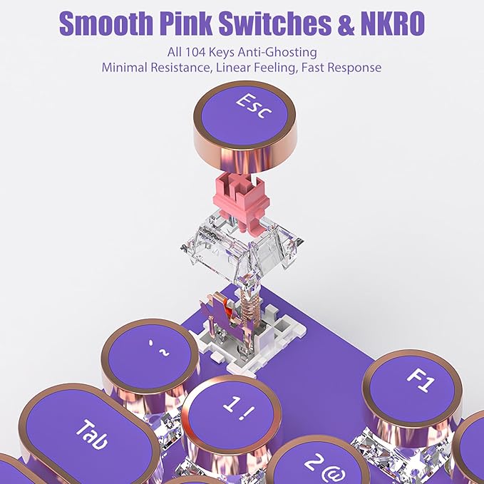 Typewriter Style Mechanical Gaming Keyboard White LED Backlit 104-Key NKRO Pink Switches Retro Round Keycaps Golden Ring Volume Knob Metal Panel Wired USB-C Detachable Cable Purple