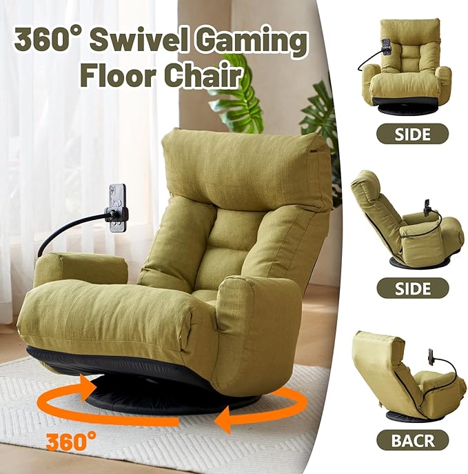360° Swivel Gaming Floor Chair 5 Position Adjustable Folding Sofa Chair with Armrests &amp Phone Holder Cushion Padded Indoor Chaise Lounge for Adults Home Office Floor Leisure Chairs Green
