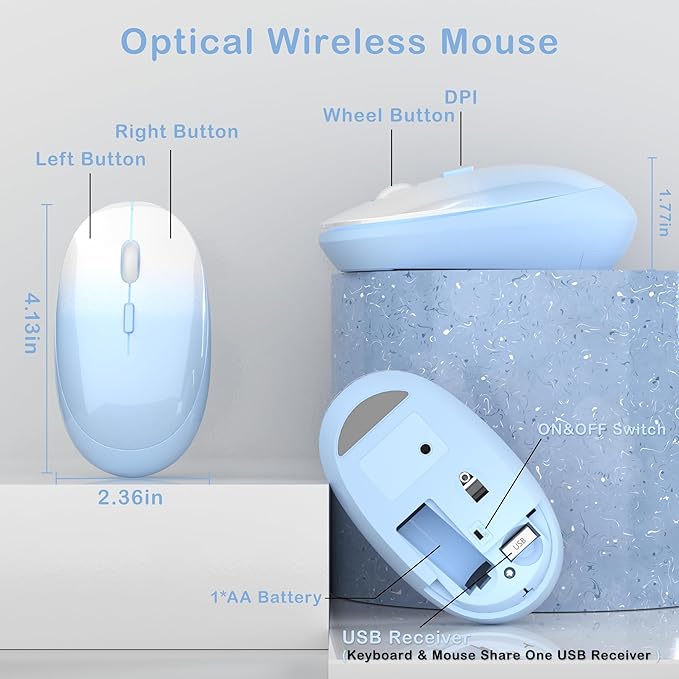 Colorful Wireless Keyboard and Mouse Combo COVEVA 2.4GHz Wireless Retro Cute Round Keycaps Keyboard 104 Keys Full-Sized Keyboard Mouse Set with Switch Button for PC Laptop Desktop (Blue Gradient)