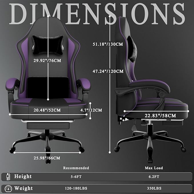 Gaming Chair with Pocket Spring Cushion and Footrest PU Leather Game Chair Adjustable Headrest Home Office Desk Chairs Comfortable Ergonomic Computer Chairs - Purple