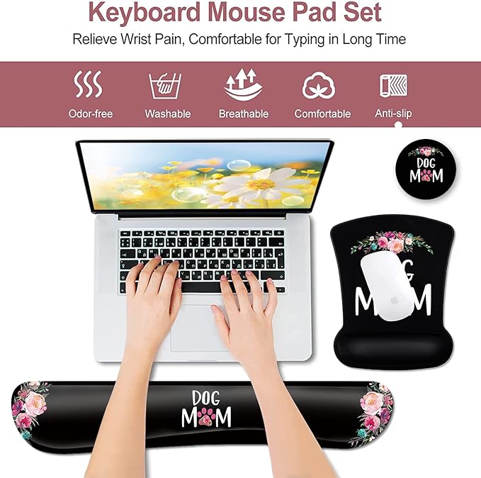 Ergonomic Mouse Pad with Gel Wrist Rest SupportCute Dog Mom Floral and Black MousePads Desktop DecorationSuitable for Office Typing Games Mousepad Soft Keyboard Wrist Rest to Relieve Wrist Fatigue