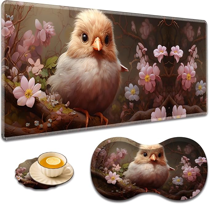 Large Game Mouse Pad + Wrist Support Pad + Coffee Coaster Desk Pad with Sewn Edges Anti-Slip Set pad Suitable for Office Work and Home - Cute Animals Birds Flowers