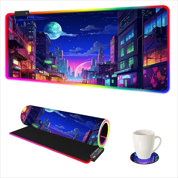 AIMSA RGB Gaming Mouse Pad Large Mousepad with 14 Led Light Modes Keyboard Pad Gaming Accessories for Desk Non-Slip Rubber Base Mouse Mat for Gamer Modern Urban Night Scene