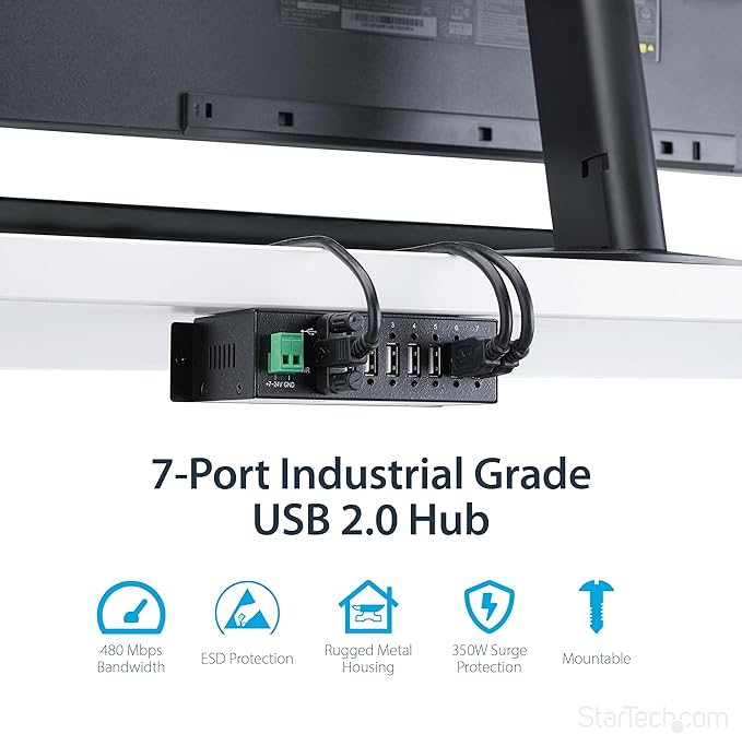 StarTech.com 7-Port USB 2.0 Hub - Metal Industrial USB-A Hub with ESD Protection &amp 350W Surge Protection - Din Rail Wall or Desk Mountable - TAA Compliant USB Expander Hub (ST7200USBM)