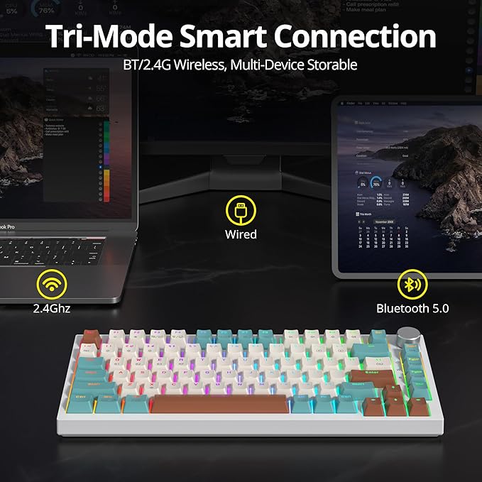 82 Keys Wireless Gaming Keyboard 75 PercentTriple Mode Bluetooth/2.4Ghz/USB Pre-lubed Hot Swappable Mechanical Keyboard w/Knob&ampSound-Absorbing Pads4000mAh Battery for Mac/Win (Brown)