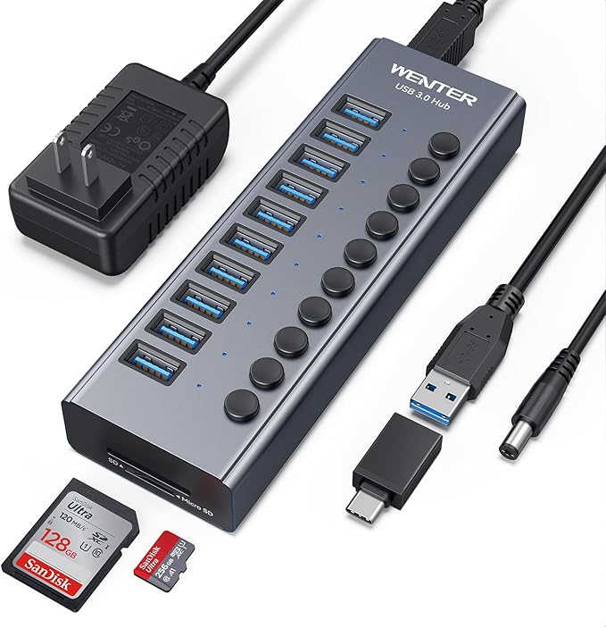 Powered USB 3.0 Hub Wenter 10 Ports 36W Powered USB Hub Aluminum USB Splitter with Individual On/Off Switches SD/TF Card Readers and 12V/3A Power Adapter for PC/Laptops/MacBook Pro/Air/iMac/iPad