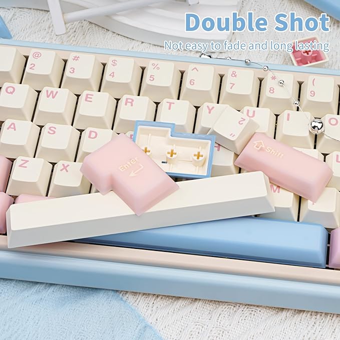 PBT Keycaps Cute Custom Keyboard Pink Keycaps 60 75 100% Double Shot 164 Keys Transparent Set for Cherry Gateron MX Switches Pink White Blue