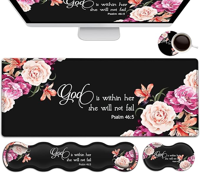 Large Mouse Pad with Wrist Support SetMemory Foam Keyboard Wrist Rest +XXL Extended Gaming Mouse Pad +Ergonomic Mouse Wrist Pad Peony Flower Psalm 46:5 Office Desk Pad for Women Men Gaming Mousepad