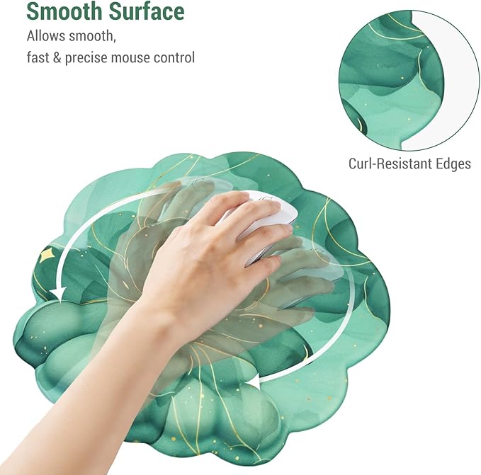 Conmputer Desk Mat Set 4 in 1 Cloud-Shaped Ergonomic Wrist Rest Set Mouse Pad with Non-Slip Base Memory Foam Silicone Lining Keyboard Wrist Rest Computers Offices GamingDark Green Stained Petal