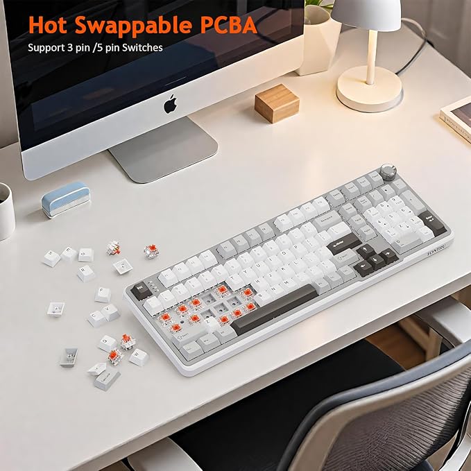 Wireless Mechanical Gaming Keyboard Tri-Mode Connectivity (Bluetooth 5.0/2.4GHz/USB-C) Hot-Swappable RGB Backlit101-Key Layout Keyboard with Volume Knob for PC Laptop Tablet