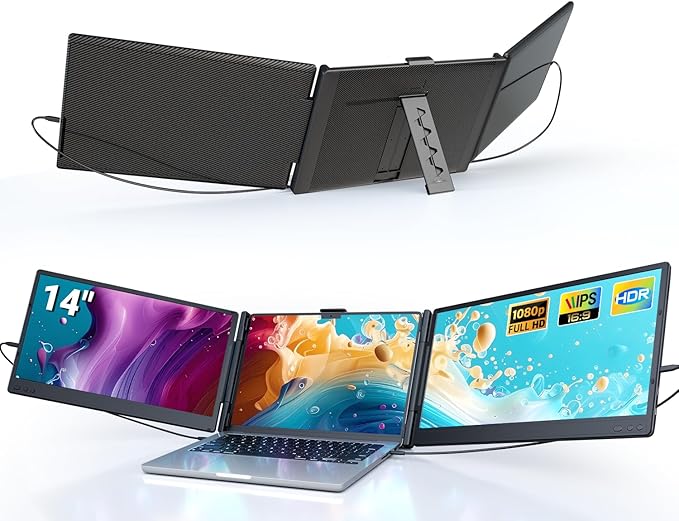 Ygretyrjh Laptop Screen Extender 14 Triple Portable Monitor for Laptop 1080P FHD IPS Screen Extender Monitors for 13-17 Travel Monitor for Mac/Windows/Chrome Built-in Speakers