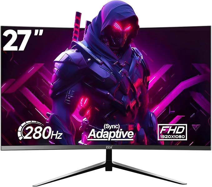 ZZA Monitor 27 inch 280Hz|240HzMonitor Gaming FHD 1080P 1800R VA Screen Curve Computer Monitor 100% sRGB 4000:1 Contrast HDR FreeSync1Ms Low Blue Light HDMI DP Ports DP Cable Incl