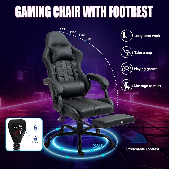ECOTOUGE Massage Gaming Chair Video Game Chair with Footrest Ergonomic Computer Chair with Headrest and Massage Lumbar Support Height Adjustable High Back Office Desk Chair with 360° Swivel Black