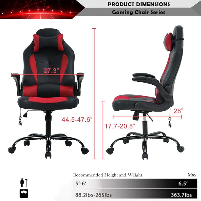 Gaming Chair Ergonomic Video Game Chair Computer High Back Office Desk Chair with Lumbar Support Adjustable Swivel Reclining Rolling PU Leather Game Chairs (Red and Black)