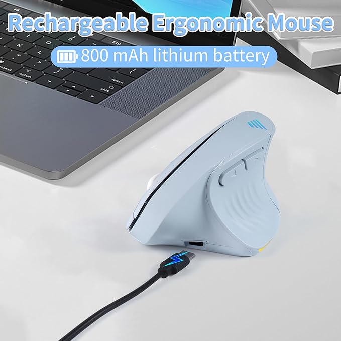 Bluetooth Wireless Dual-Mode Vertical Mouse - Silent Click Ergonomic Comfort for Office &amp Home Use Rechargeable with LED Breathing Light Compatible with Multiple Devices (Blue)