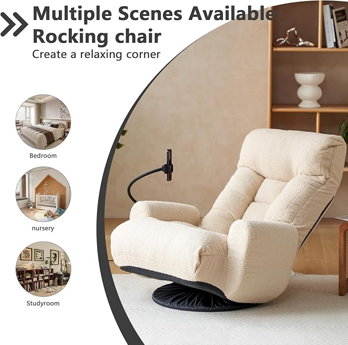 360° Swivel Gaming Floor Chair Adjustable 3-Position Folding Sofa Chair with Armrests &amp Phone Holder Cushioned Indoor Chaise Lounge Rocker for Teens &amp Adults (Beige)