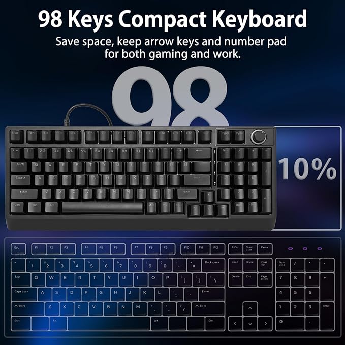 HUO JI Mechanical Gaming Keyboard Wired 17 LED Backlit Modes Liner Red Switch Volume Knob Anti-Ghosting Double-Shot Shine Through Keycaps 96% Light Up Keyboard for PC Mac