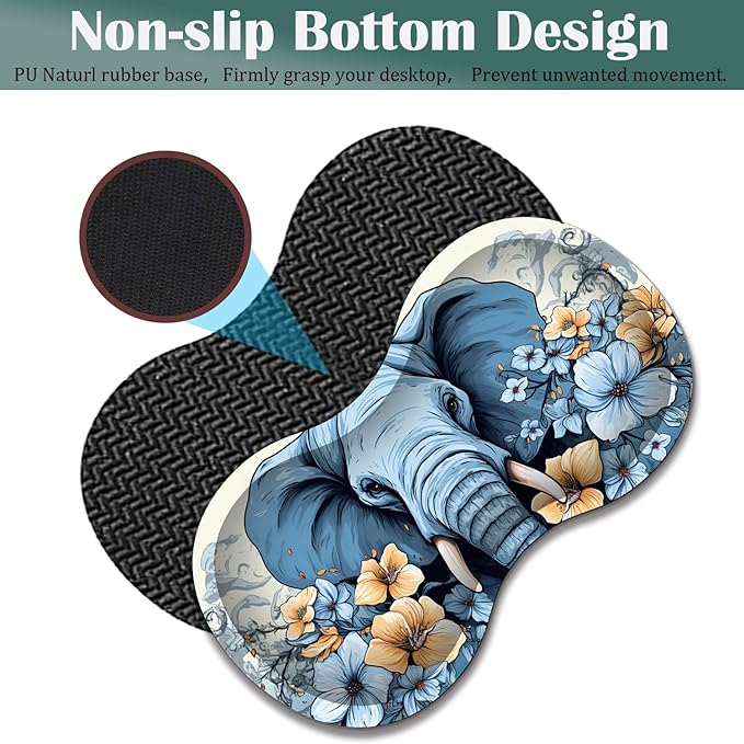 Large Game Mouse Pad + Wrist Support Pad + Coffee Coaster Desk Pad with Sewn Edges Anti-Slip Set pad Suitable for Office Work and Home - Elephant Blue Flowery