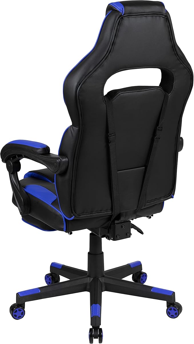EMMA + OLIVER Black/Blue Ergonomic Gaming Chair -Recline Back/Arms Footrest Massaging Lumbar