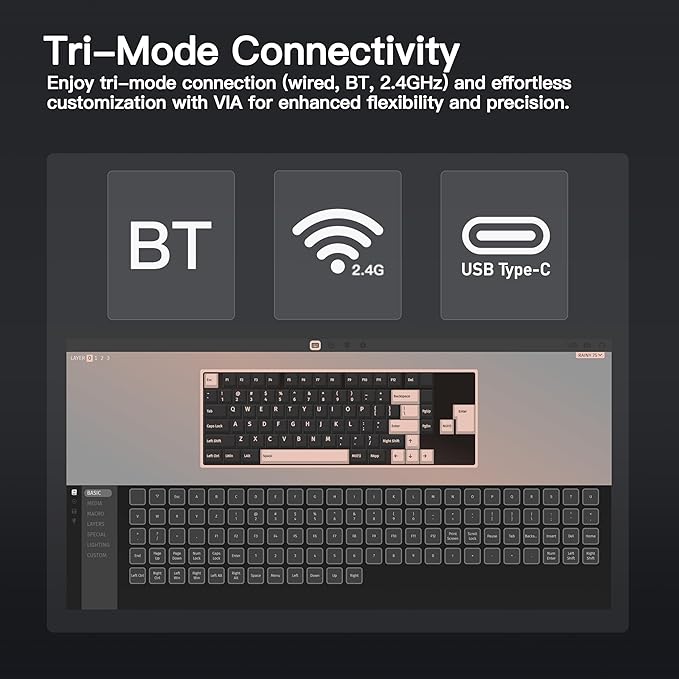 KEEBMONKEY WOBKEY Rainy 75 CNC Aluminum HMX/JWK/Cocoa Switches Triple-Mode Connectivity Mechanical Keyboard with Superior Acoustics RGB/PP/Gradient Glass/3500mAh/Violet Switch (Standard - Black)